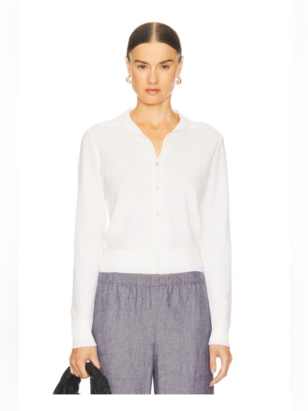 VINCE Women Italian Cotton-Blend Mesh‎ Double Layer Cardigan White Sz M Collared